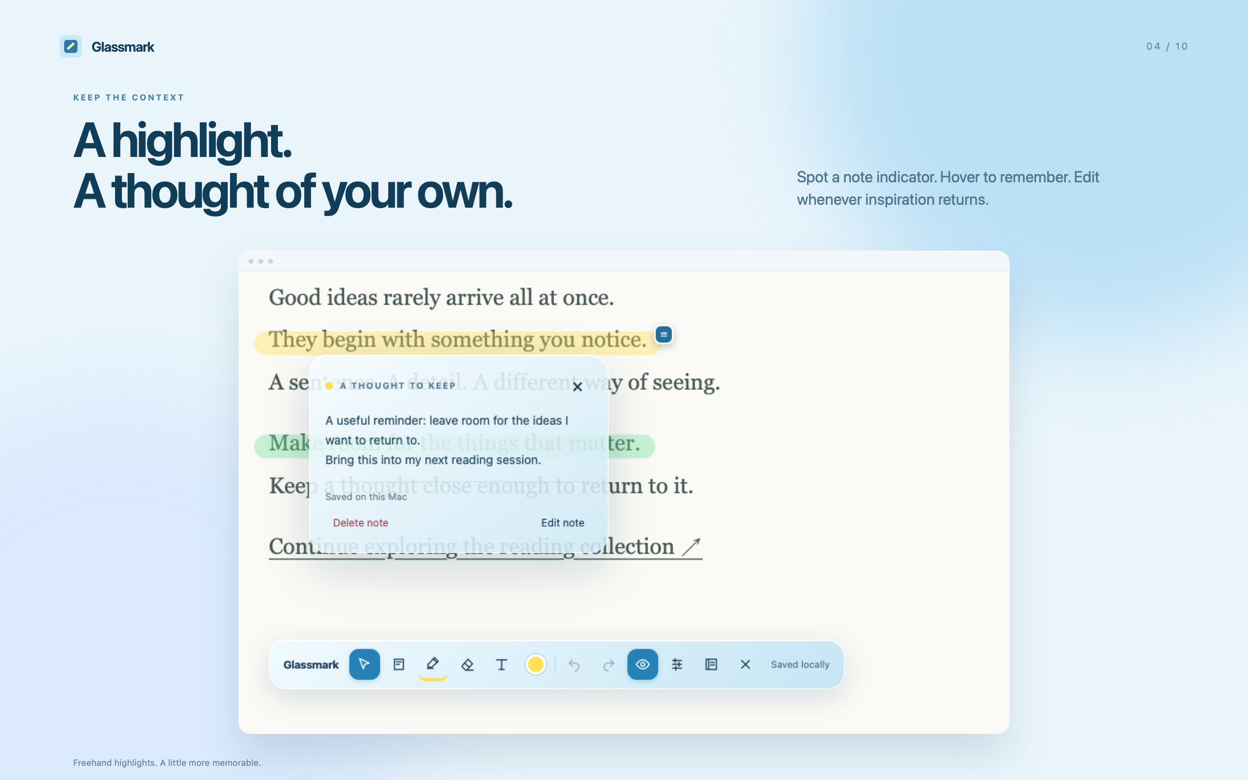 Glassmark's floating note pane attached to a highlighted passage